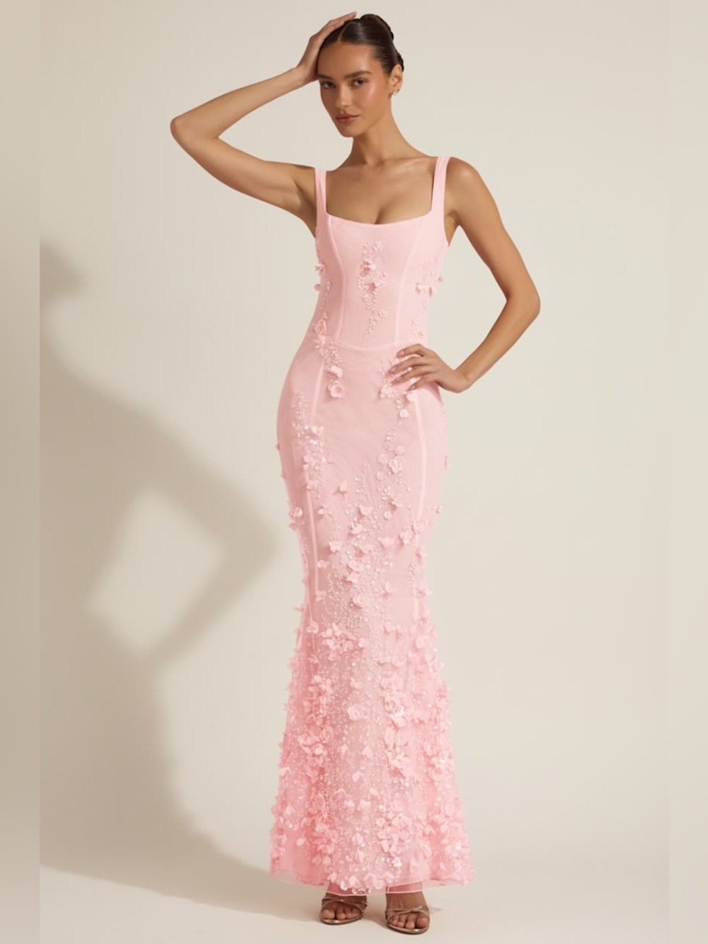 Oh Polly Pink Floral Appliqué Maxi Dress